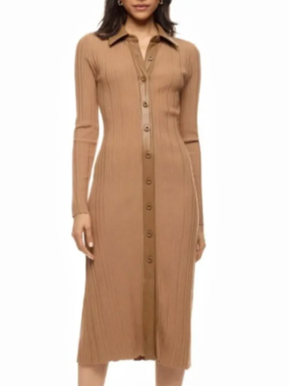 Toccin x RTR Camel Tan Ribbed Knit Faux Leather Trim Long Sleeve Midi Dress M